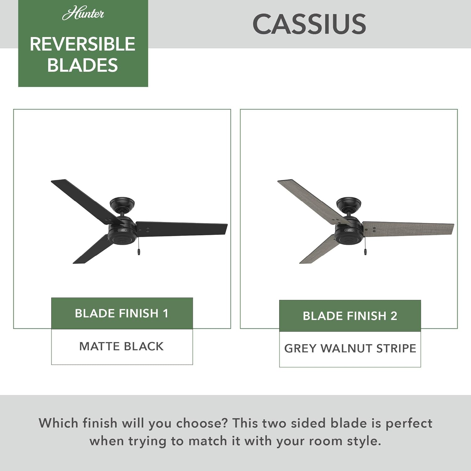 Hunter 52 inch Outdoor or Indoor Ceiling Fan No Light - Black Ceiling Fan without Light, For Patio, Porch, Garage, or Living Room, Standard Mount, 3 Blades, Pull Chain - Cassius 59264, Matte Black