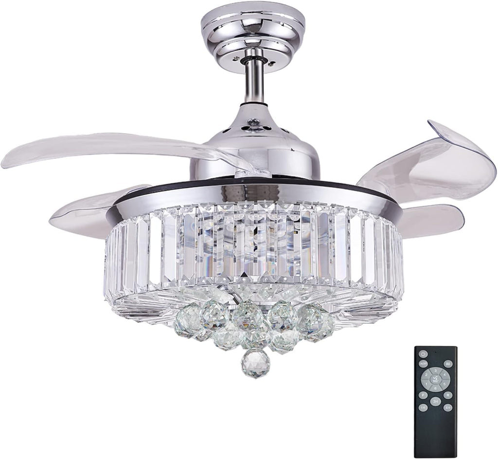 DuMaiWay 48' Chandelier Ceiling Fan with Lights, Fandelier, Retractable Crystal Ceiling Fan Chandelier with Remote Control LED Light for Bedroom Living Room Polished Chrome Silver 6 Speed 3 Light