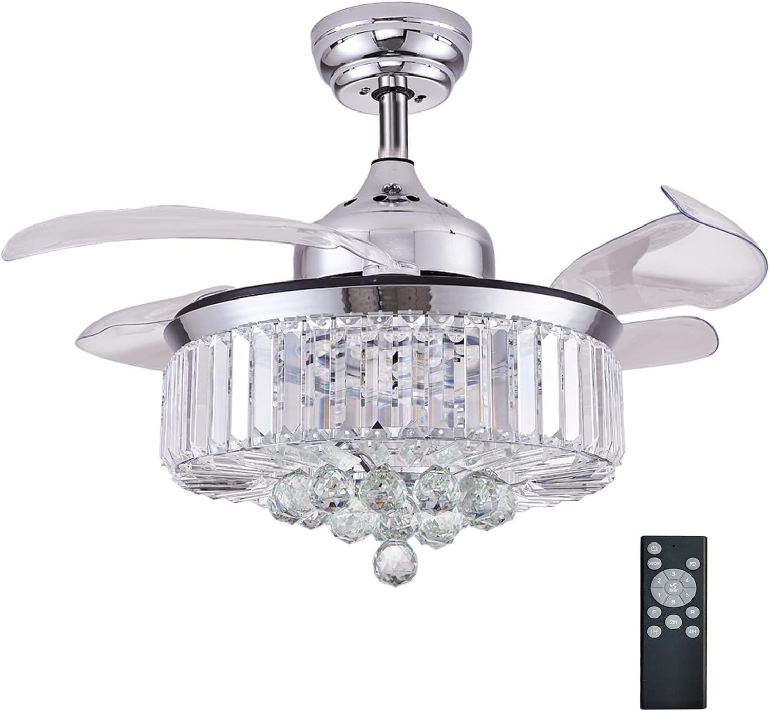 DuMaiWay 48' Chandelier Ceiling Fan with Lights, Fandelier, Retractable Crystal Ceiling Fan Chandelier with Remote Control LED Light for Bedroom Living Room Polished Chrome Silver 6 Speed 3 Light