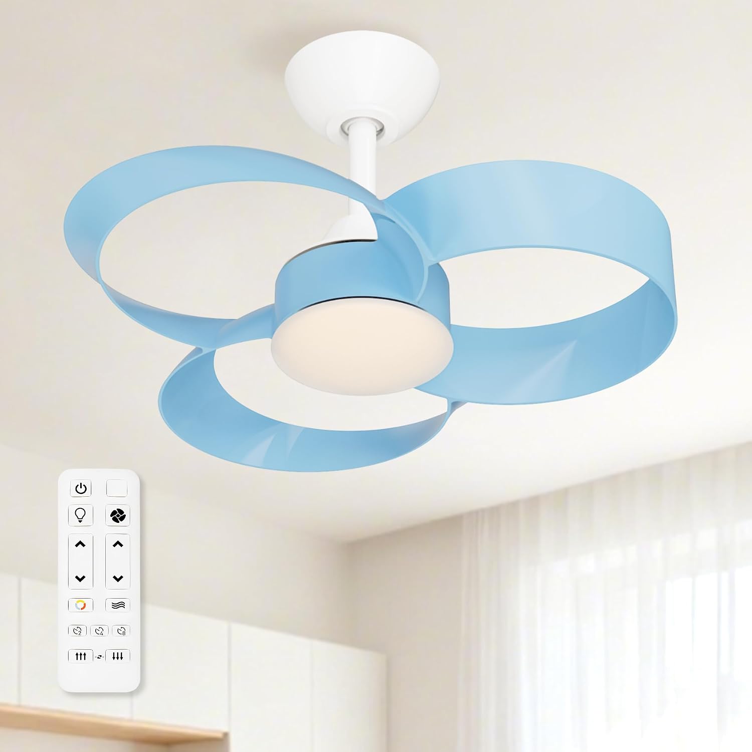 FANX 22 Inch Ceiling Fan with Light and Remote, Quiet DC Motor, Dimmable LED, Reversible 3-Speed Control, Easy Installation Downrod Fan for Small Rooms (Blue)