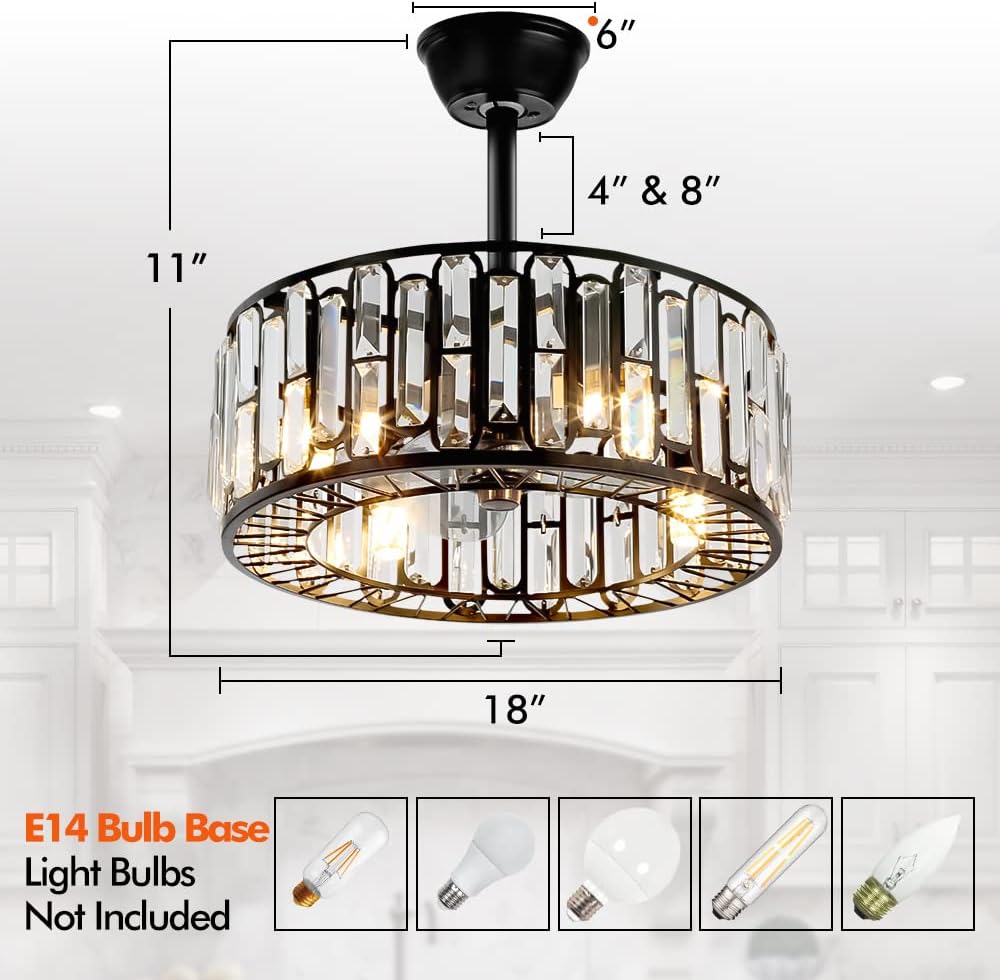 18' Modern Enclosed Bladeless Ceiling Fan with Light and Remote, Industrial Black Caged Fandelier 3 Speeds Timer Crystal Chandelier Fan for Farmhouse Kitchen Island