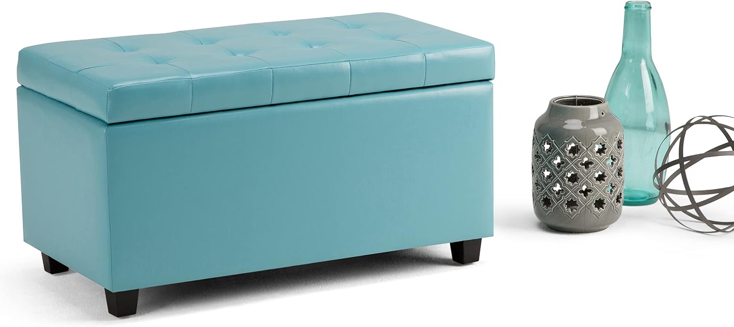 SIMPLIHOME Cosmopolitan Storage Ottoman - 34 inch Wide Upholstered Vegan Leather Rectangle Storage Ottoman Bench in Soft Blue, Transitional Tufted Ottoman for Living Room or Entryway with Lift-Up Lid