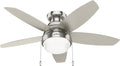 Hunter Fan 44 inch Low Profile Brushed Nickel indoor Ceiling Fan with Light Kit and Pull chains (Renewed)