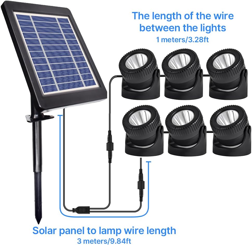 flexman Set of 6 Solar Pond Light, 6V 4W Solar RGB LED Submersible Fountain Lights with 16.4Ft Cord, Water Proof Adjustable Underwater Landscape Spotlights for Pool Garden Yard (Colorful Light)