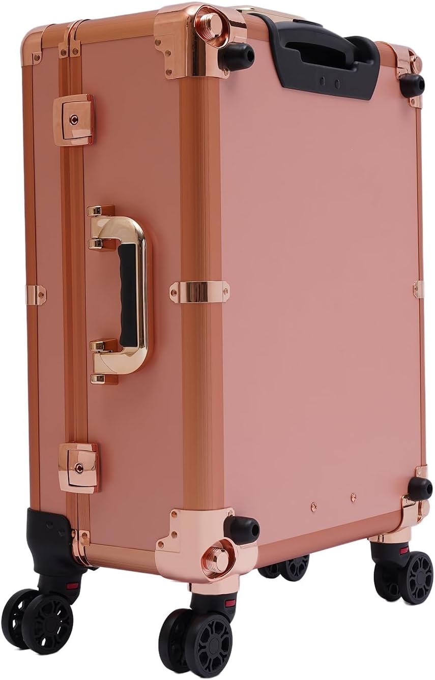 20' Aluminum Trolley Makeup Train Case with Mirror &LED Lights, Professional Cosmetic Organizer Makeup Suitcase with Wheels, Portable Makeup Vanity Rolling Vanity Makeup Station for Travel (Rose Gold)