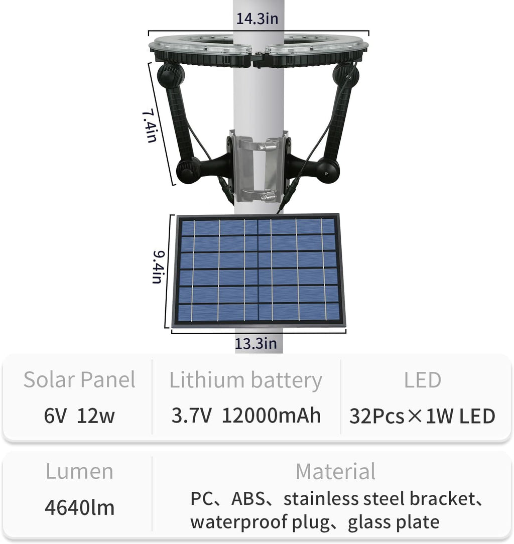 Flag Pole Light Solar Powered 4640 Lumens Brightest Solar Flagpole Light Outdoor Waterproof Dusk to Dawn 32 LED Ring Spotlights 12000mAh Batteries Adjustable Clamp fit 2-6' Dia Flagpoles