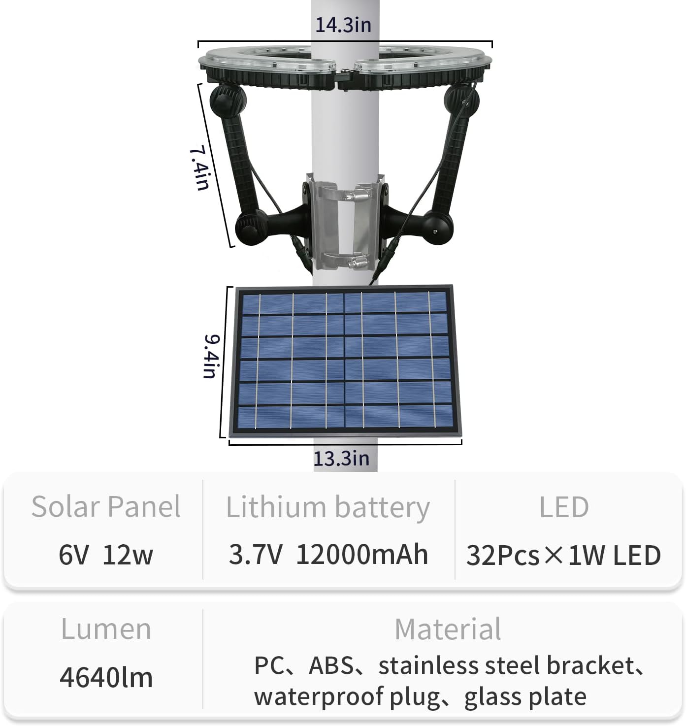 Flag Pole Light Solar Powered 4640 Lumens Brightest Solar Flagpole Light Outdoor Waterproof Dusk to Dawn 32 LED Ring Spotlights 12000mAh Batteries Adjustable Clamp fit 2-6' Dia Flagpoles