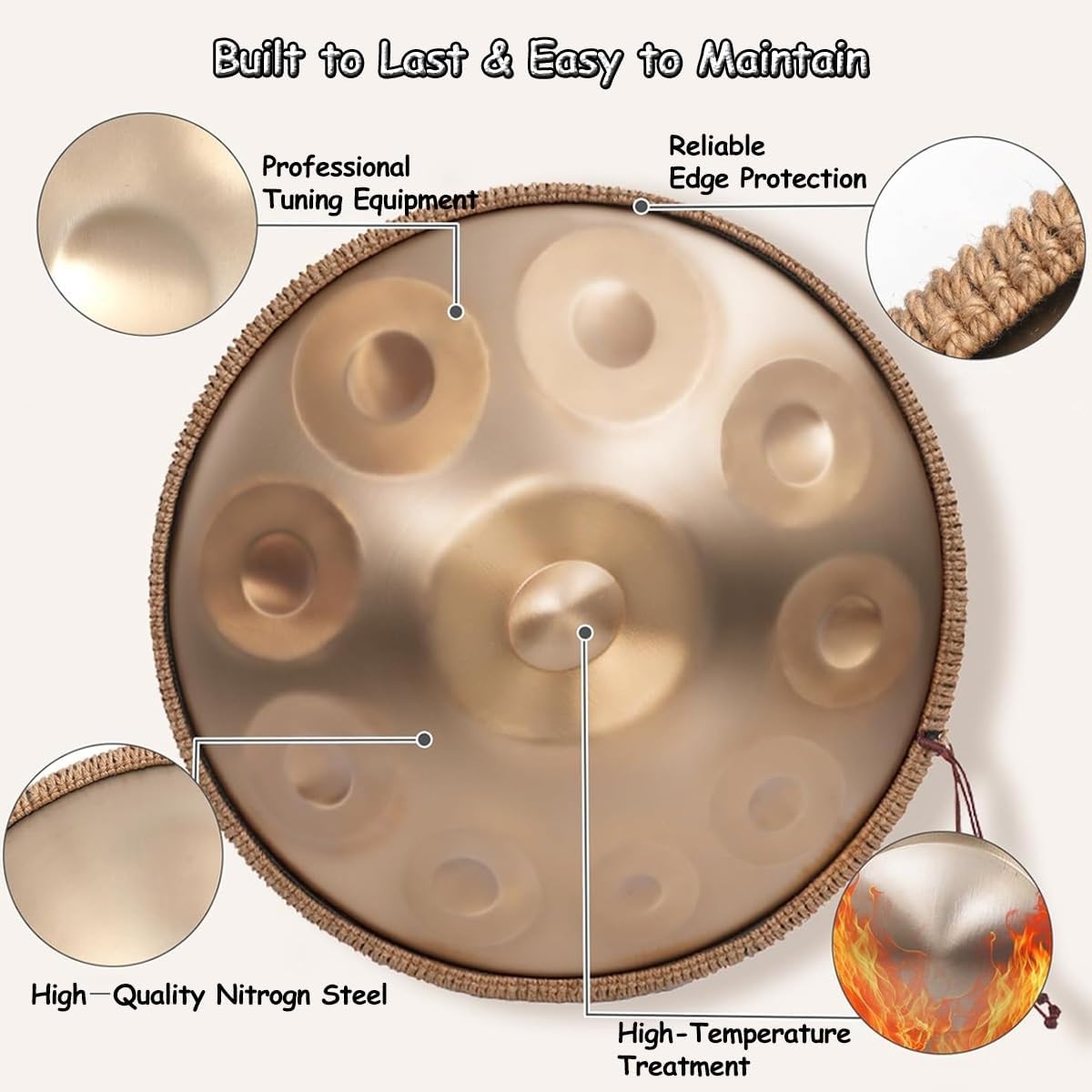 Hand Drum Instrument Percussion Steel Drums Kit W/Drum Mallets Note Stickers Carrying Case Stand 432HZ 22 Inches 9/10/12 Notes D Minor Kurd Handpan Sound Healing(Gold,12)