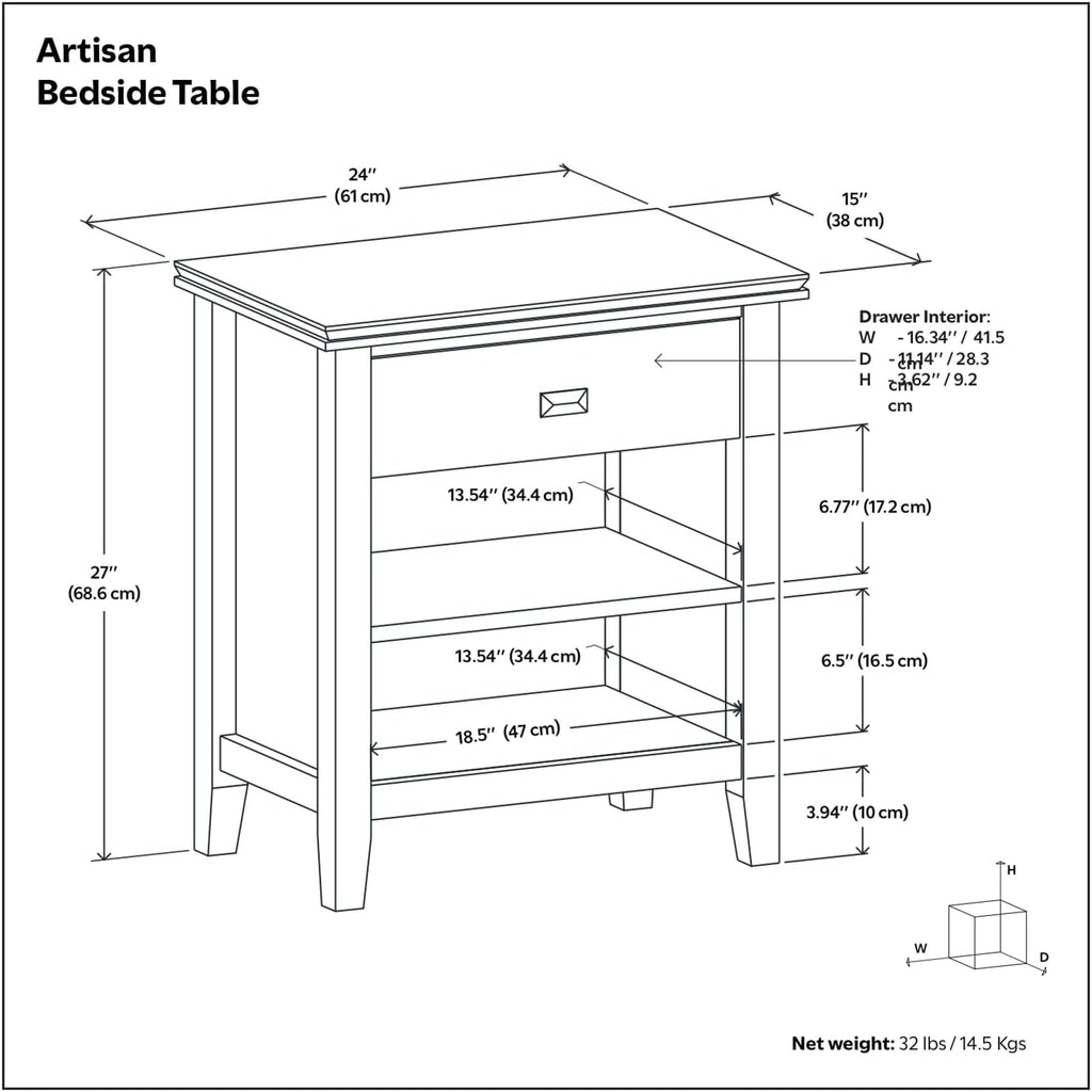 SIMPLIHOME Artisan Bedside Table - 24 inch Wide Solid Wood Nightstand Table in Autumn Brown, Contemporary Side or End Table with 1 Drawer, Open Shelf Storage and Bronze Knobs