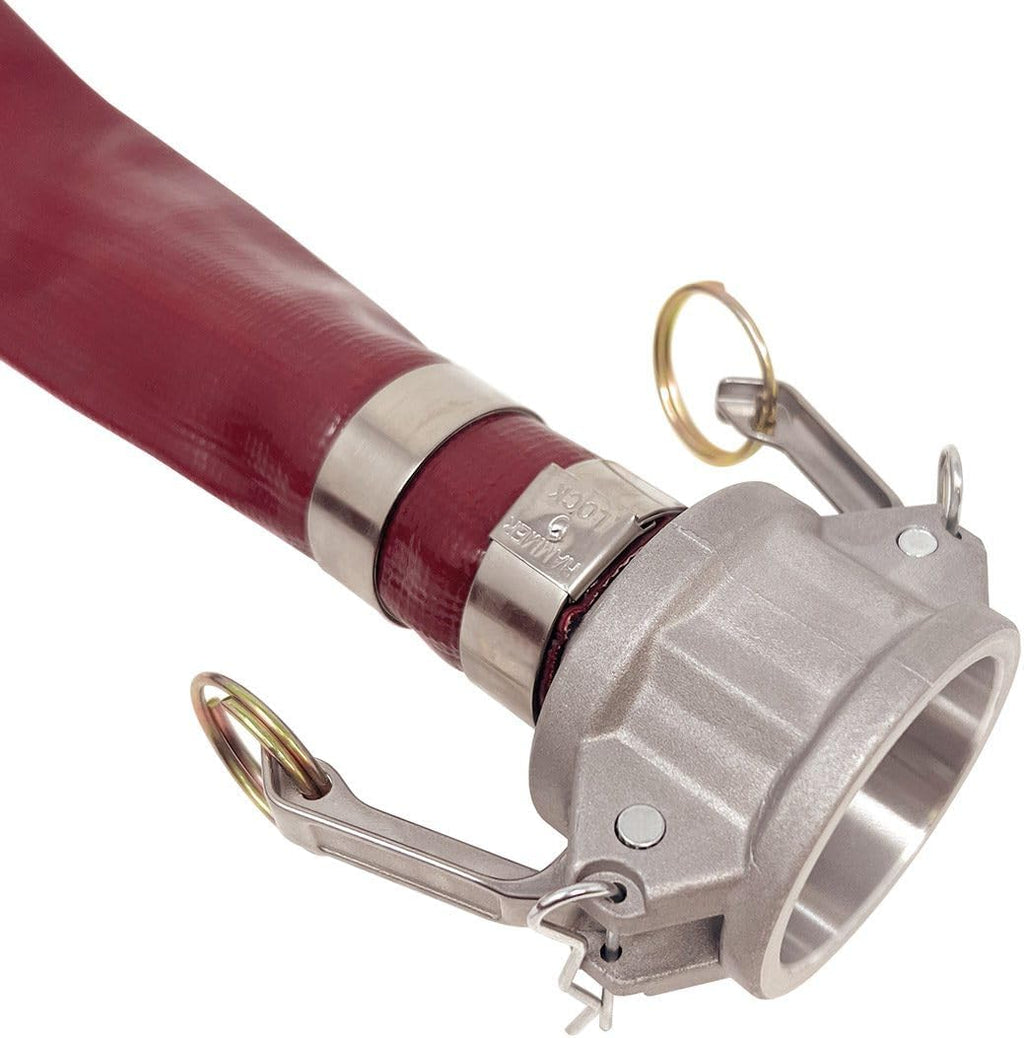Gloxco 1-1/2' x 50′ Red Heavy Duty Lay Flat PVC Discharge Hose Assembly with Aluminum Cam and Groove C and E Fittings