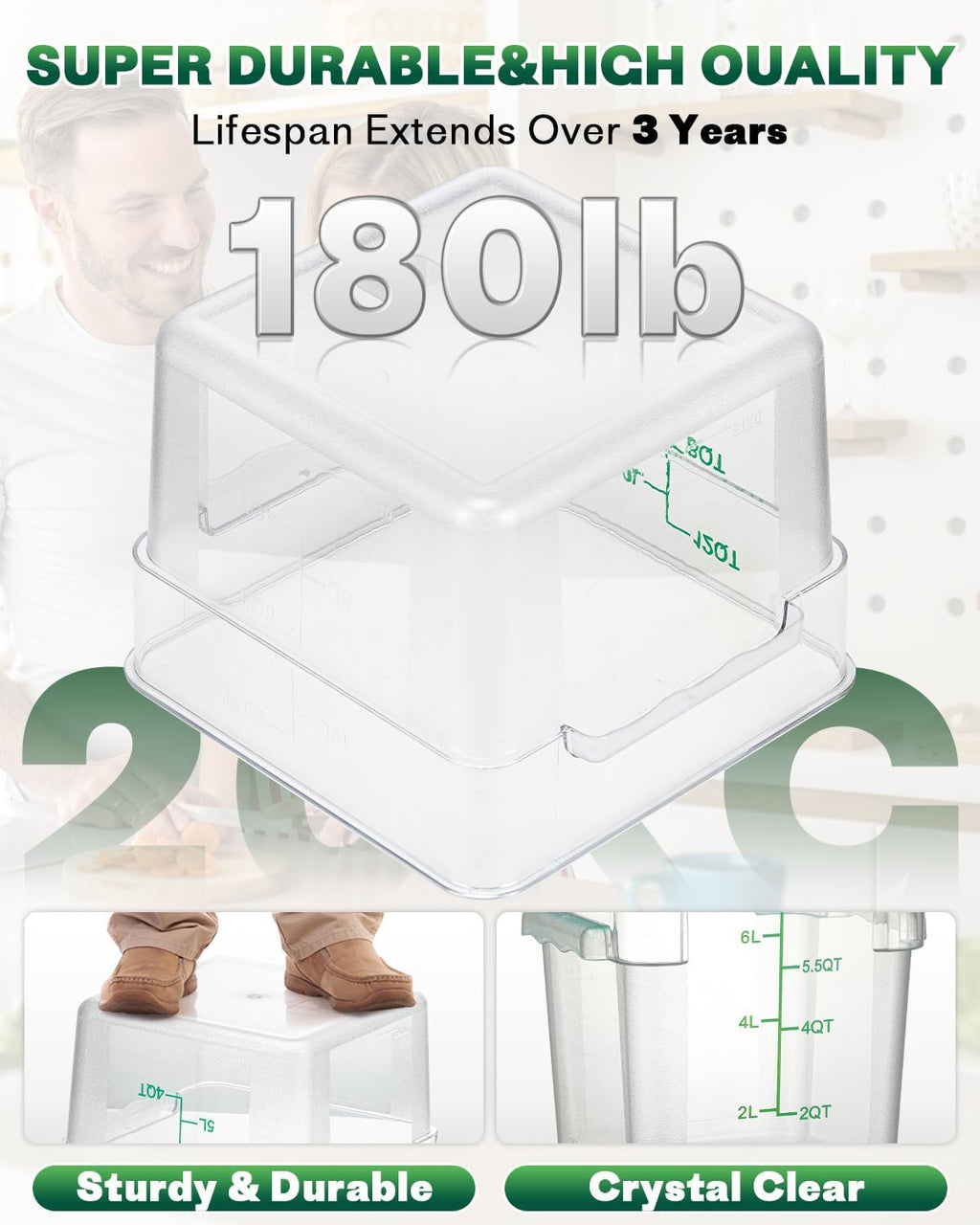12QT NSF Food Storage Containers: 6PCS [Food Grade][Hot&Cold Resistant] Commercial Clear Food Storage Containers with Lids for Restaurant Kitchen Proof Dough, Measuring Spoons Included(GREEN)