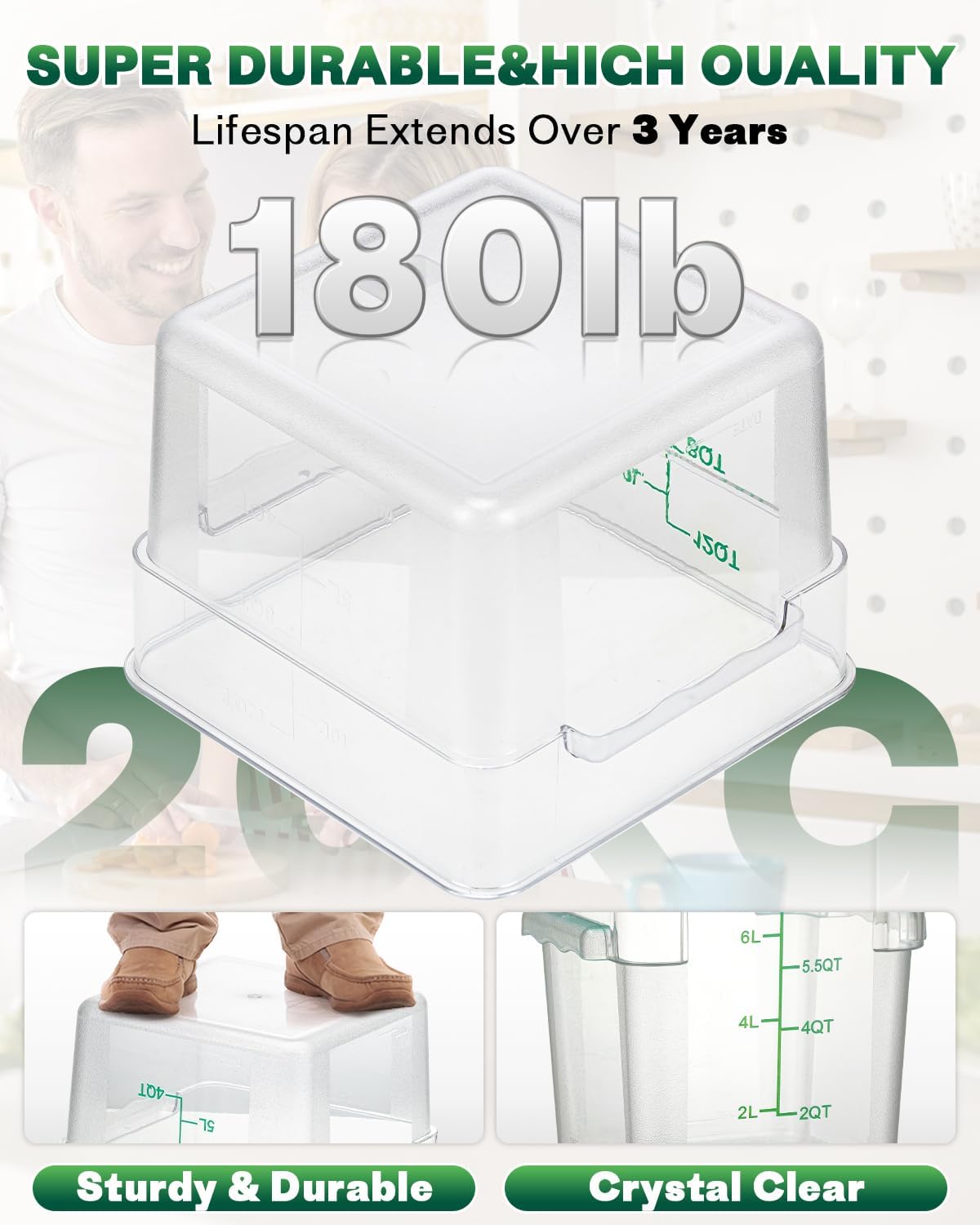 12QT NSF Food Storage Containers: 6PCS [Food Grade][Hot&Cold Resistant] Commercial Clear Food Storage Containers with Lids for Restaurant Kitchen Proof Dough, Measuring Spoons Included(GREEN)