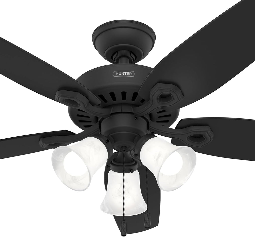 Hunter 52 inch Indoor Ceiling Fan with LED Lights - Black Ceiling Fan with Pull Chain, For Bedroom or Living Room, Standard Mount, No Remote, 5 Blades, Includes Bulbs- Builder Plus 52387, Matte Black