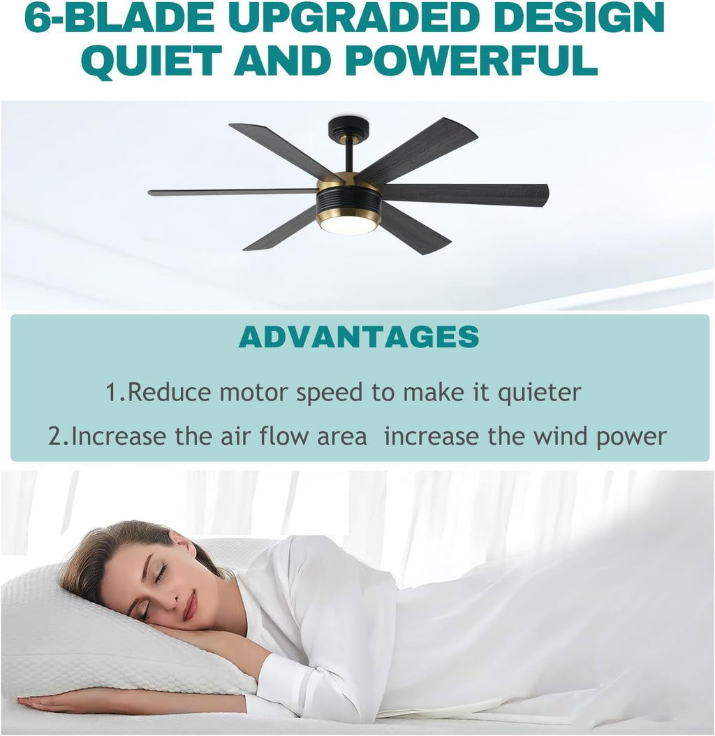SHOWDI Ceiling Fans with Lights and Remote, Black-Gold, 56 in | 2 Blade Color, Metal Material, App Remote Control, Timer, Reversible, 3CCT, Dimmable for Bedroom, Living room, Indoor