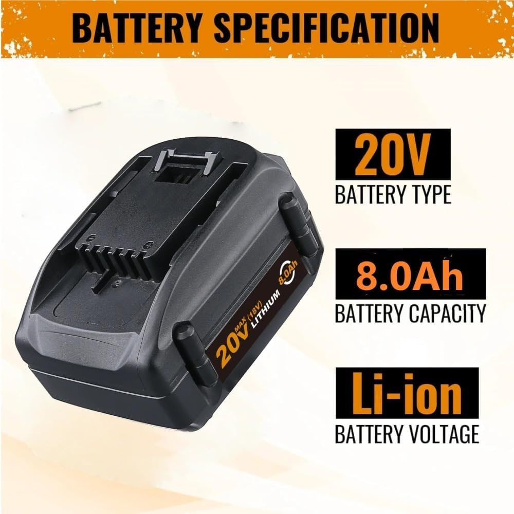 20V Replacement Lithium-Ion Battery Compatible With Worx WA3520 WG151 WA3575 WA3512 Cordless Power Drill Angle Grinder Reciprocating Saw Tool Packs(2PCS 8.0Ah)