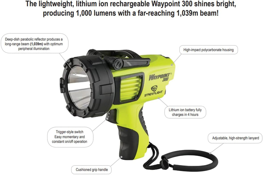 STREAMLIGHT Lightweight Rechargeable Long-Range 1000 Lumens Waypoint 300 Yellow Spotlight w/120V AC Charger with Waypoint Rechargeable/Super Siege 12V DC Cord