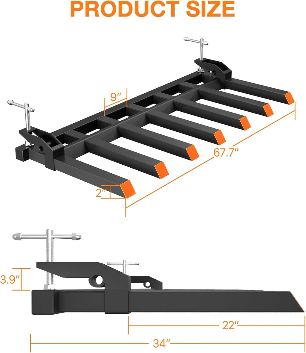 Hipicute Clamp On Debris Forks to 68', Clamp-On Pallet Fork 6000 Lbs Capacity Load Fit for Loader Bucket Skidsteer Tractor