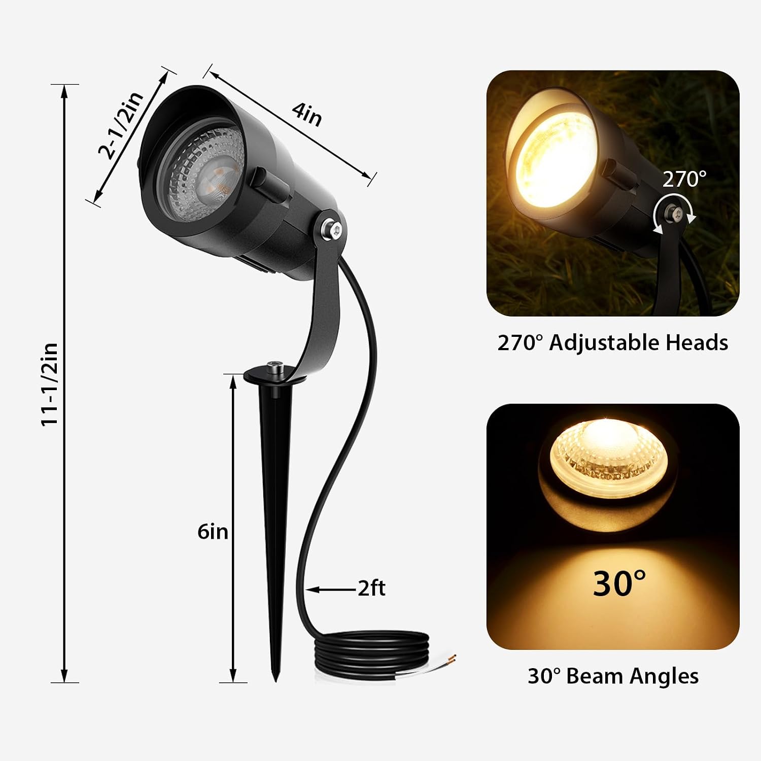 12W Low Voltage Landscape Lighting Kit, 3000K LED Landscape Lights with 200W Transformer, 100FT 16/2 Wire and Connectors, Waterproof Outdoor Spotlights for Yard, Garden, Pathway, 12V-24V AC/DC, 12Pack