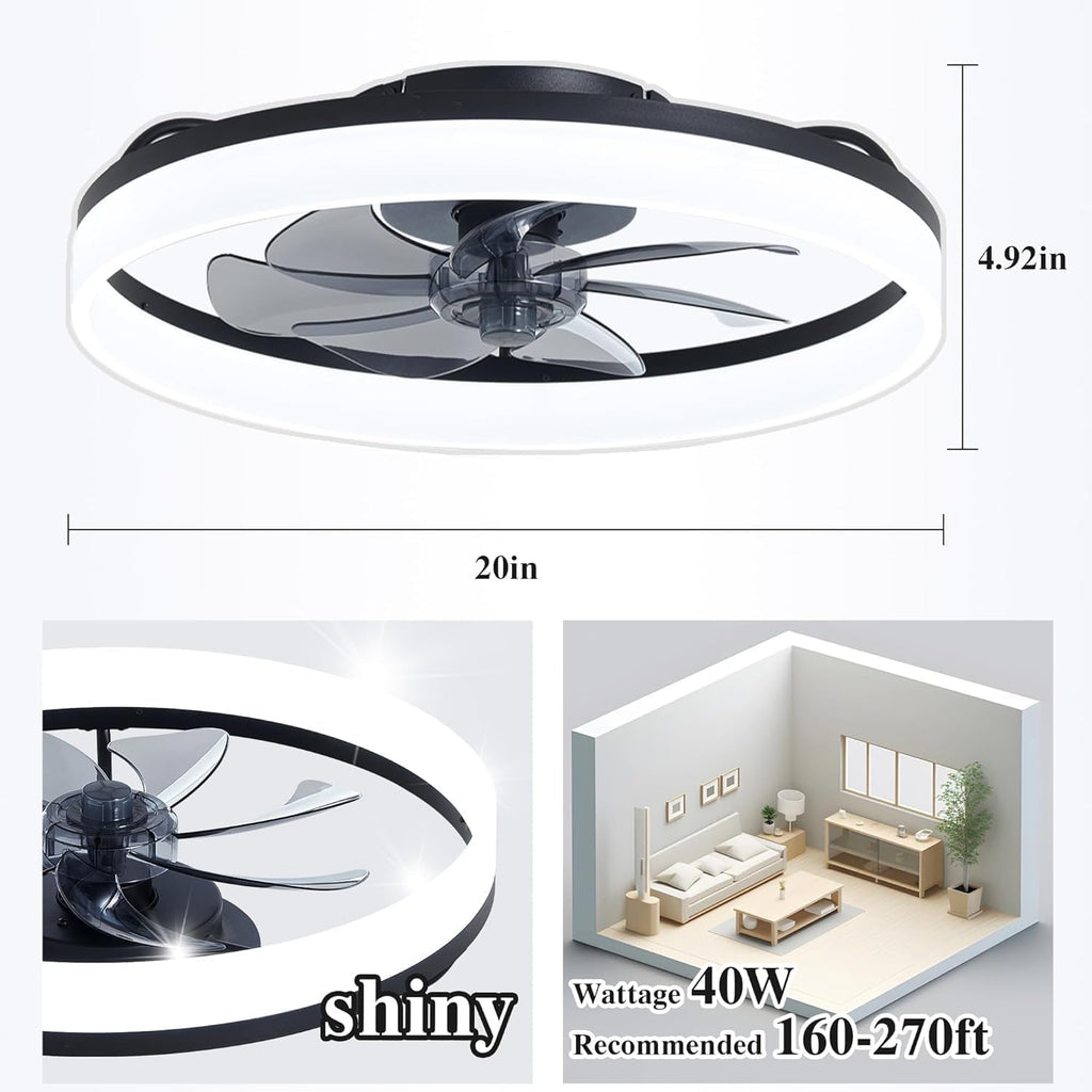 Ceiling Fans with Lights and Remote Fandelier - 20'' Flush Mount Low Profile Modern Black Ceiling Fans for Bedroom - Stepless Color Temperature Change and 6 Speeds, Black