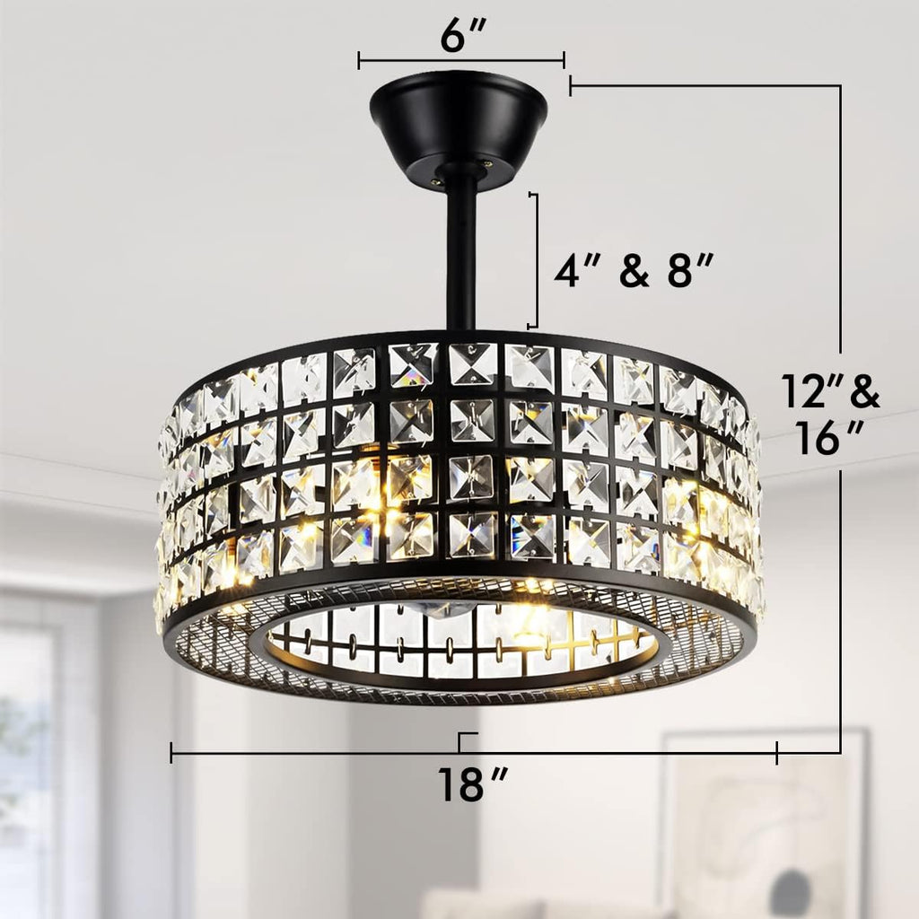 Crystal Ceiling Fan with Light and Remote, Black Caged Chandelier Fan 3 Speeds Timer Industrial Bladeless Dimmable Fandelier for Bedroom Dinning Room