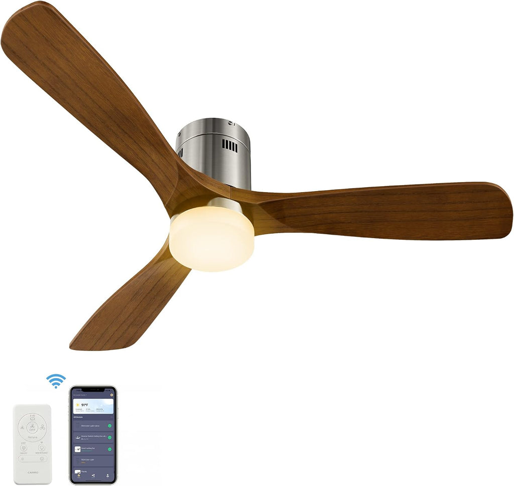 SMAAIR 52 Inch Flush Mount Ceiling Fan with Light, Low Profile Outdoor Ceiling Fan with Remote and Dimmable Light, 10 Speed DC Motor, Compatible with Alexa/Google Assistant/Siri Shortcuts (Wood)