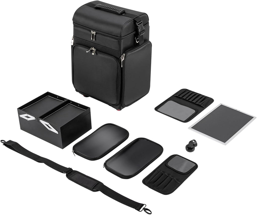 Rolling Makeup Train Case, Professional Soft Sided Makeup Case with Detachable Pouch and Wheels, Trolley Cosmetology Cosmetic Makeup Case for Hairdressing Makeup Tools