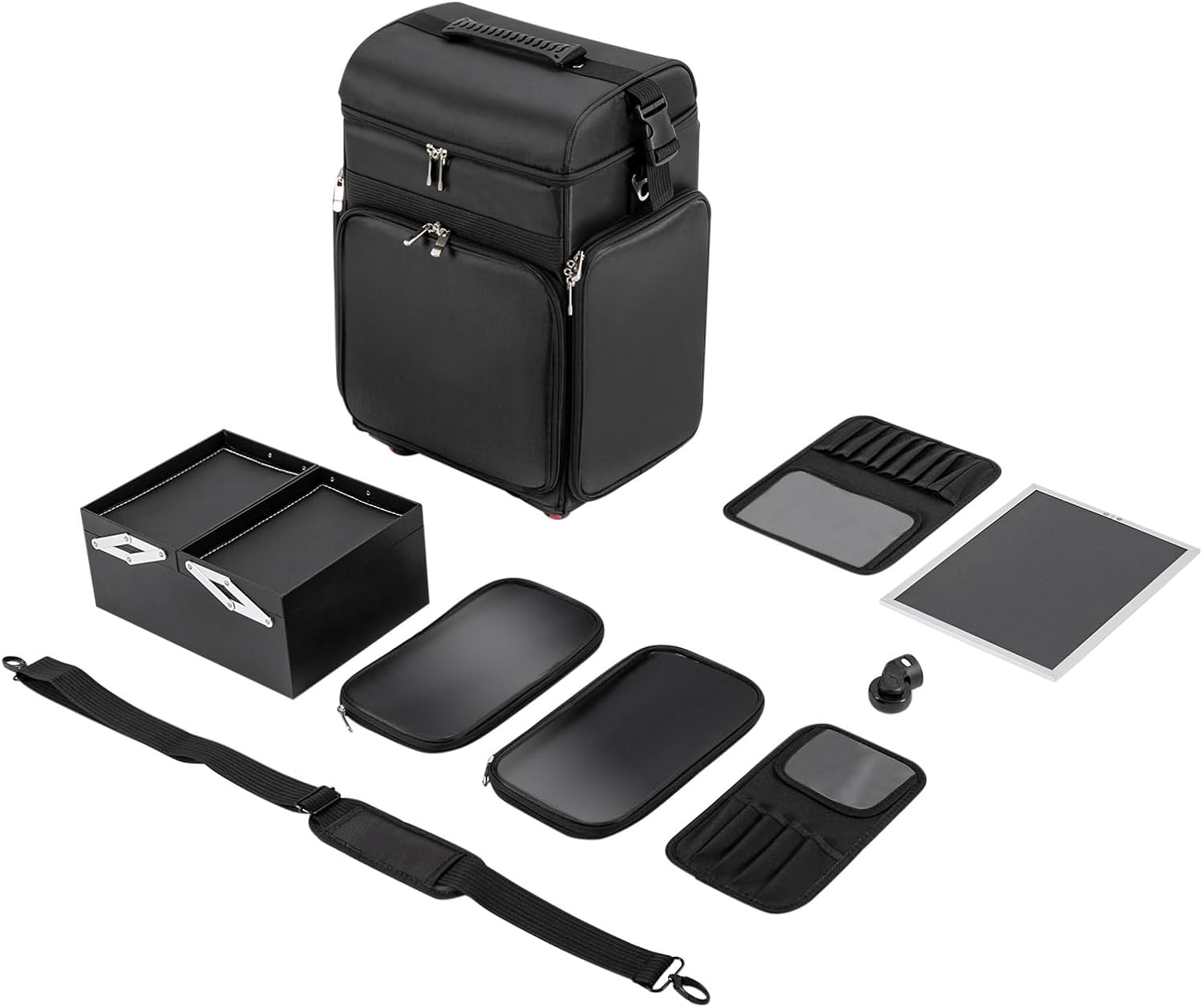 Rolling Makeup Train Case, Professional Soft Sided Makeup Case with Detachable Pouch and Wheels, Trolley Cosmetology Cosmetic Makeup Case for Hairdressing Makeup Tools