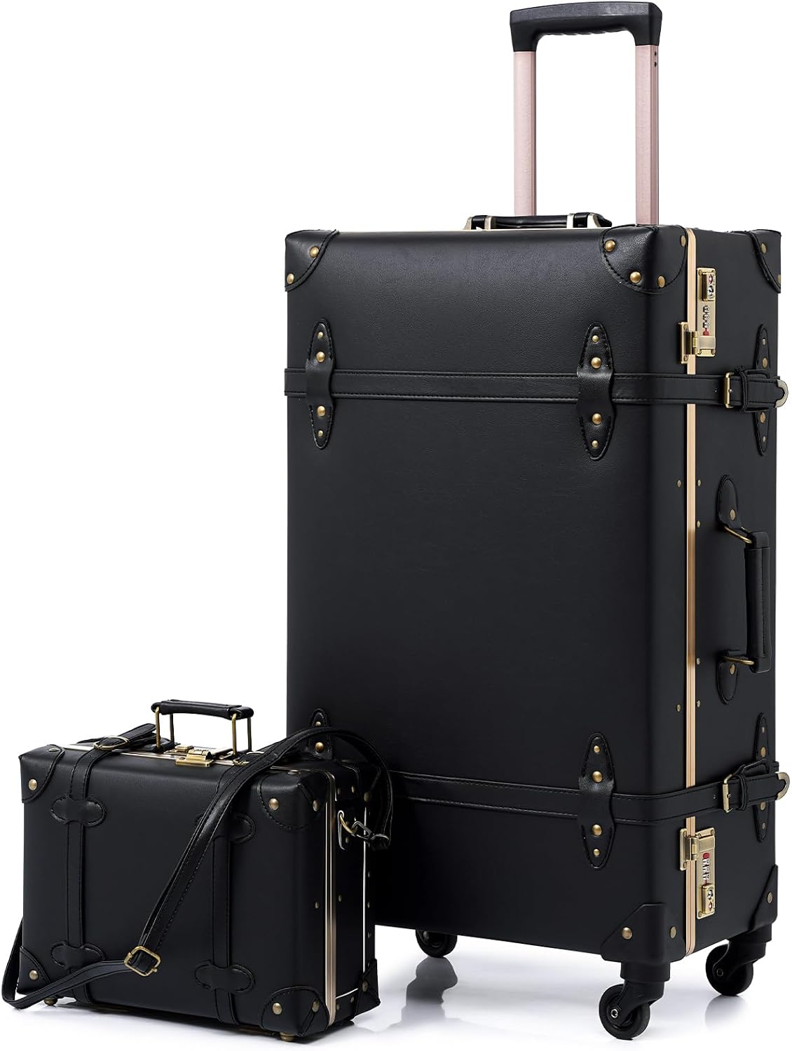 urecity Designer Vintage Trunk Combination Luggage Sets of 2 Piece, Hard Shell Retro Travel Suitcase with Wheels (Black, 20'+12')