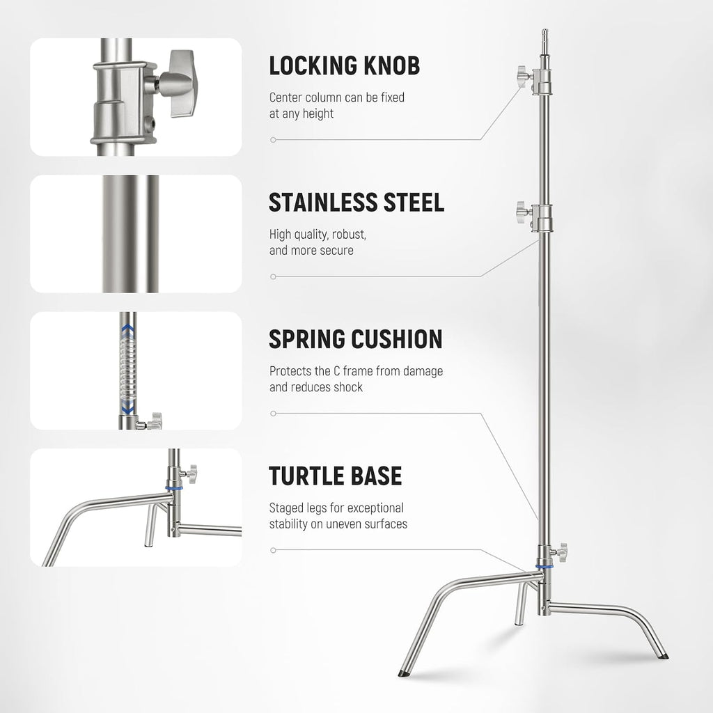 NEEWER 10.5ft Stainless Steel Heavy Duty C Stand with Boom Arm, Quick Setup Base, Thicker Center Rod Max Load 44lb/20kg, Photography Light Stand with 4.2ft Holding Arm for Monolight Softbox, SC320Q