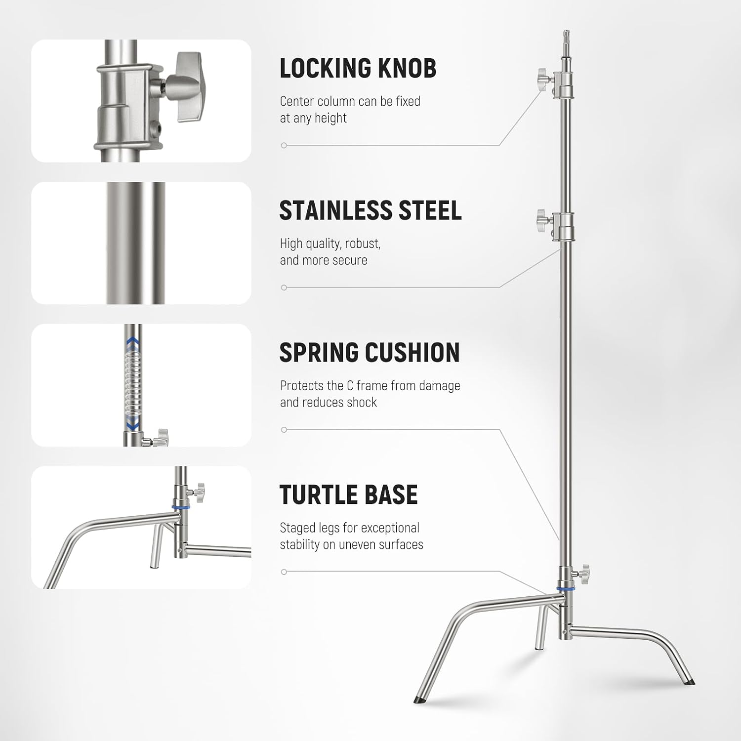 NEEWER 10.5ft Stainless Steel Heavy Duty C Stand with Boom Arm, Quick Setup Base, Thicker Center Rod Max Load 44lb/20kg, Photography Light Stand with 4.2ft Holding Arm for Monolight Softbox, SC320Q