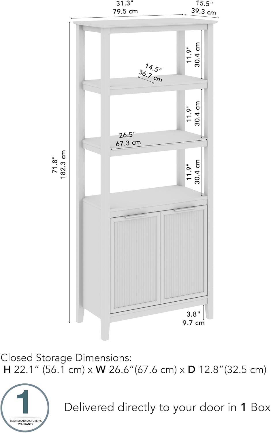 Bush Home 5 Shelf Bookcase with Doors, Fluted Tall Bookshelf Storage Cabinet with Open Shelves and Closed Storage for Living Room, Bedroom or Home Office Display, Camille Collection, Onyx Birch