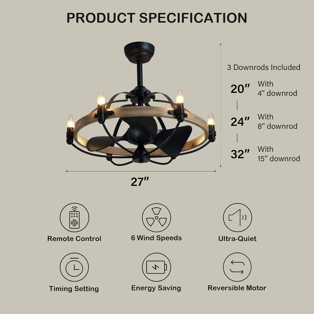 27'' Farmhouse Ceiling Fan with Light Remote Control, Vintage Cage Ceiling Fan with Lights, Rustic Chandelier Fan for Kitchen Dining Room Living Room