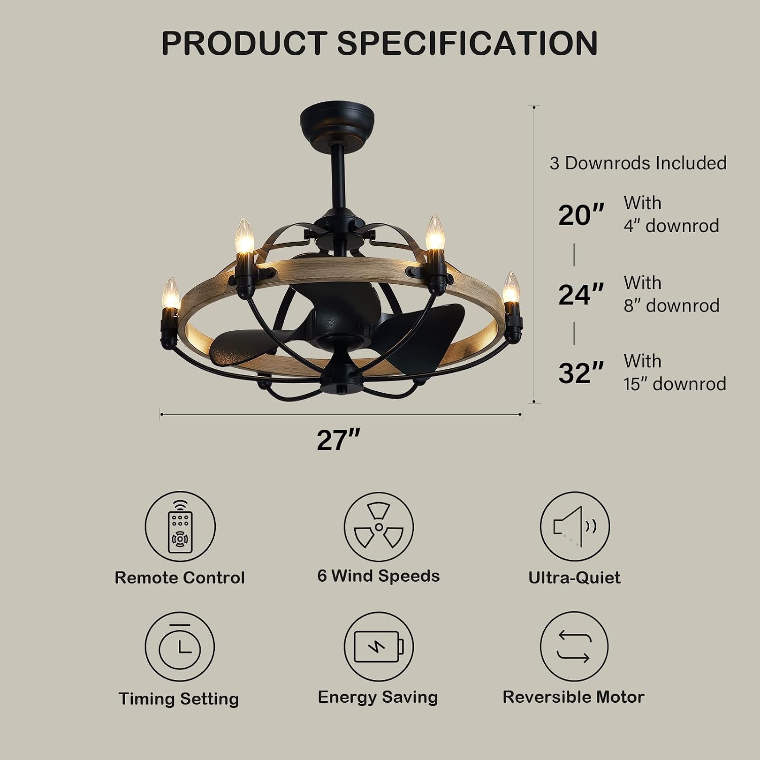 27'' Farmhouse Ceiling Fan with Light Remote Control, Vintage Cage Ceiling Fan with Lights, Rustic Chandelier Fan for Kitchen Dining Room Living Room