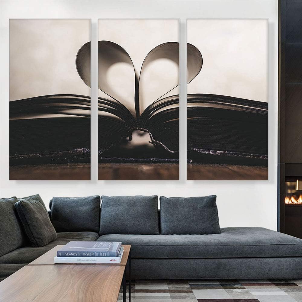 ARTCANVAS Book Heart Page Home decor Canvas Art Print Stretched Framed Painting Picture Poster Giclee Wall Decor - 90' x 60' (1.50' Deep) (3-Piece)