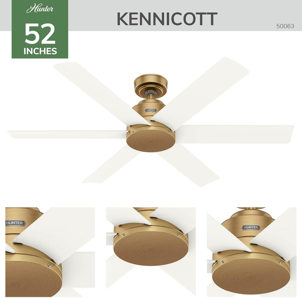 Hunter 52' Kennicott Indoor/Outdoor Ceiling Fan, Wall Control, Luxe Gold | SureSpeed high velocity airflow and no-light design suit covered patios, porches, bedrooms, or living rooms with easy setup.