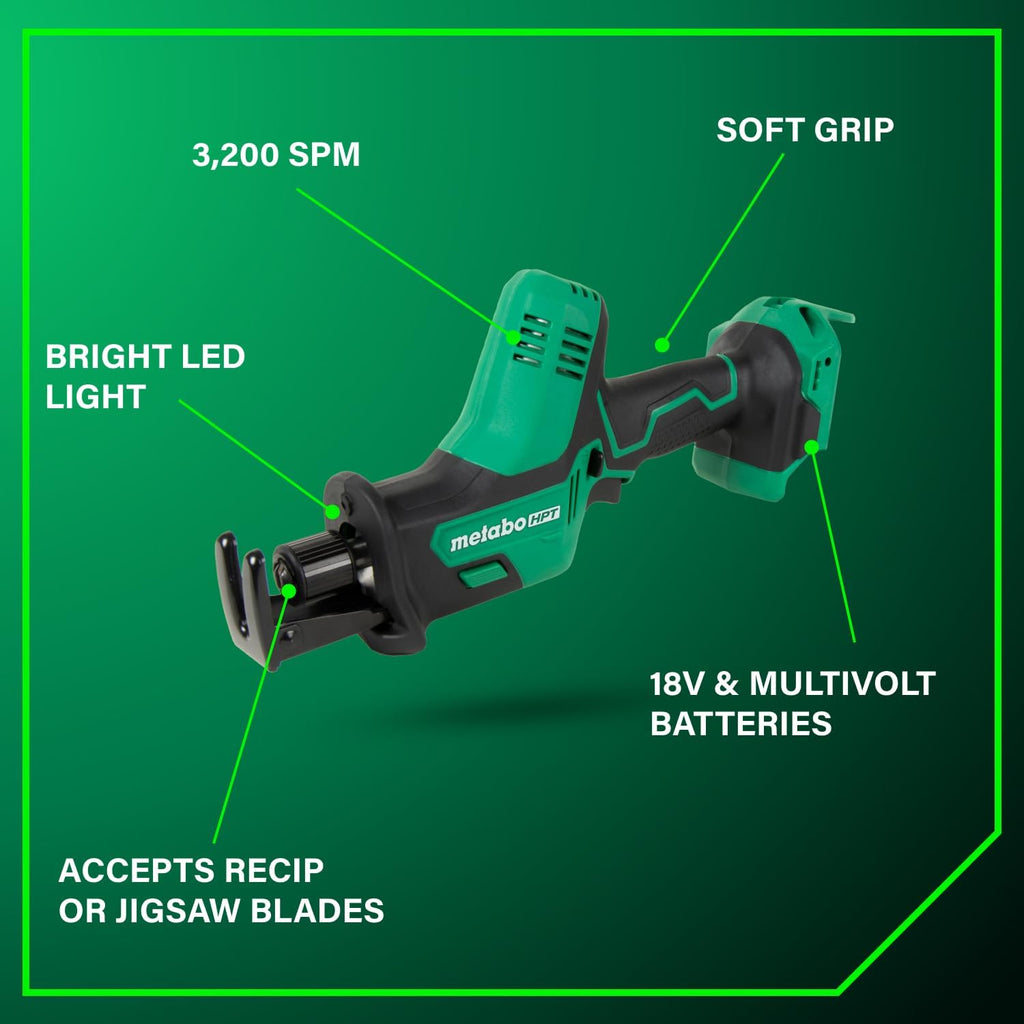 Metabo HPT 18V Cordless One-Handed Reciprocating Saw, Lightweight Design, Compact Saw Size, High-Speed 3,200 Strokes Per Minute, Versatile Blade Compatibility, LED Light, CR18DAQ4