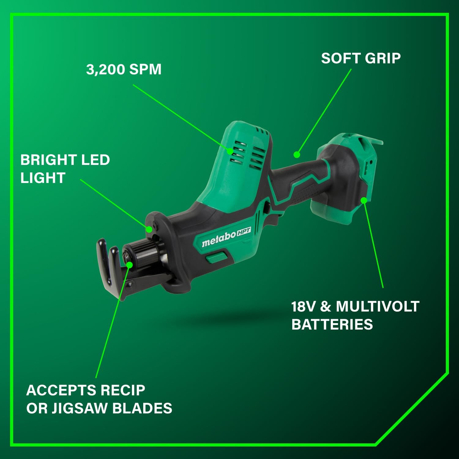 Metabo HPT 18V Cordless One-Handed Reciprocating Saw, Lightweight Design, Compact Saw Size, High-Speed 3,200 Strokes Per Minute, Versatile Blade Compatibility, LED Light, CR18DAQ4