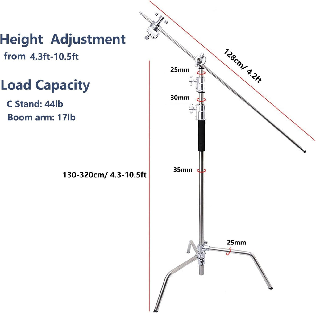 C Stand with Boom Arm Heavy Duty Photography C Light Stands Kit, Max Height 10.5ft/320cm, with 4.2ft/128cm Holding Arm, for Photography Studio, Reflector, Umbrella, Softbox