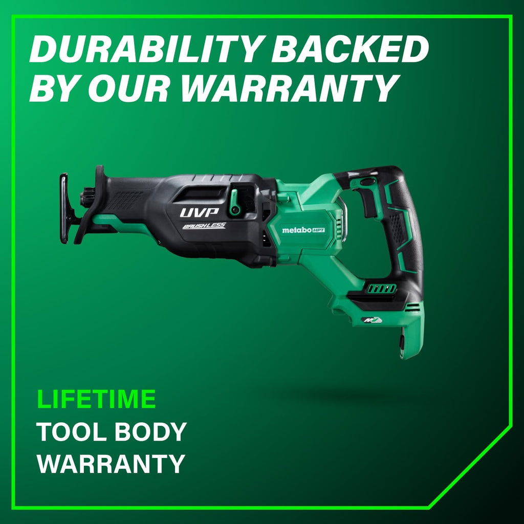 Metabo HPT 36V MultiVolt Cordless Reciprocating Saw, 4-Stage Speed Selector, 1,700 SPM to 3,000 SPM, Orbital Action, Low Vibration, Hybrid Power Option, Metal Rafter Hook, Tool Body Only, CR36DAQ4