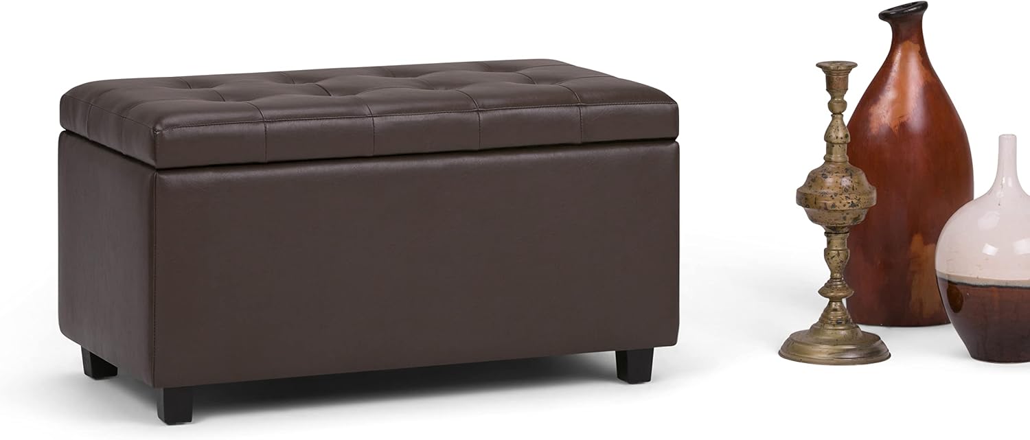 SIMPLIHOME Cosmopolitan Storage Ottoman - 34 inch Wide Upholstered Vegan Leather Rectangle Storage Ottoman Bench in Chocolate Brown, Transitional Tufted Ottoman for Living Room with Lift-Up Lid