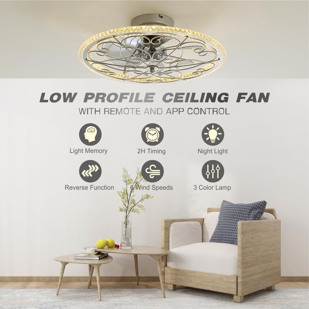 lifeholder Low Profile Ceiling Fan with Lights Remote 20' Ceiling Fan Flush Mount Enclosed Ceiling Light Dimmable Ceiling Lights Chandeliers Handmade Silver