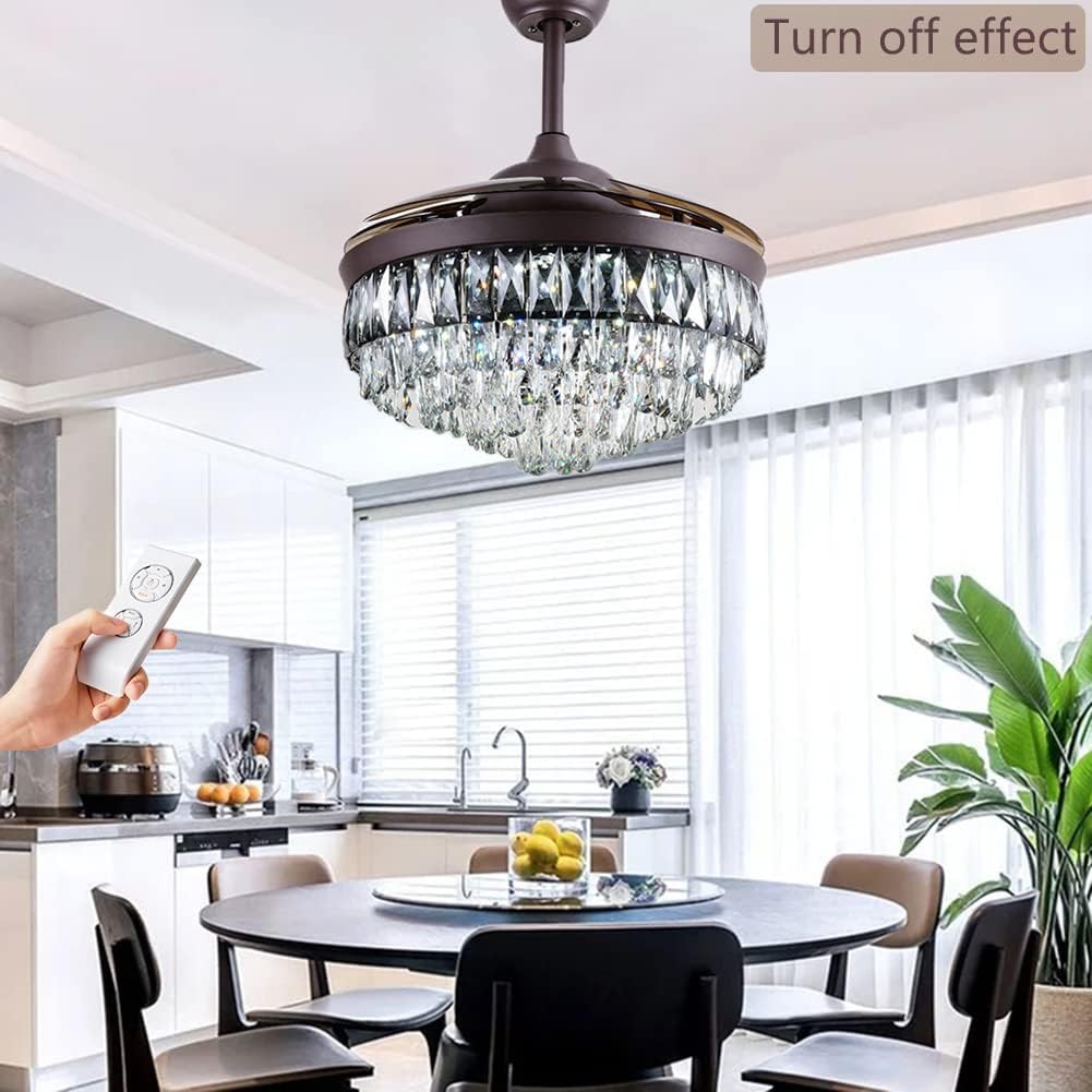 42' Crystal Fandelier Ceiling Fan, Brown Crystal Chandelier Fan, Ceiling Fans with Retractable Blades Lights and Remote with 3 Colors 3 Speeds for Dinning Room Bedroom