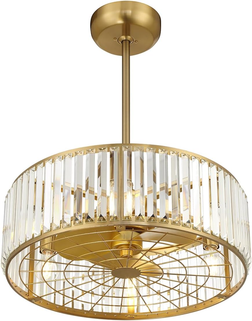 Savoy House 23-FD-245-322 Janus Fandelier Luxe Crystal Drum Chandelier Ceiling Fan with Light and Remote, 6-Light 48 Total Watts, 10' H x 23' W, Warm Brass