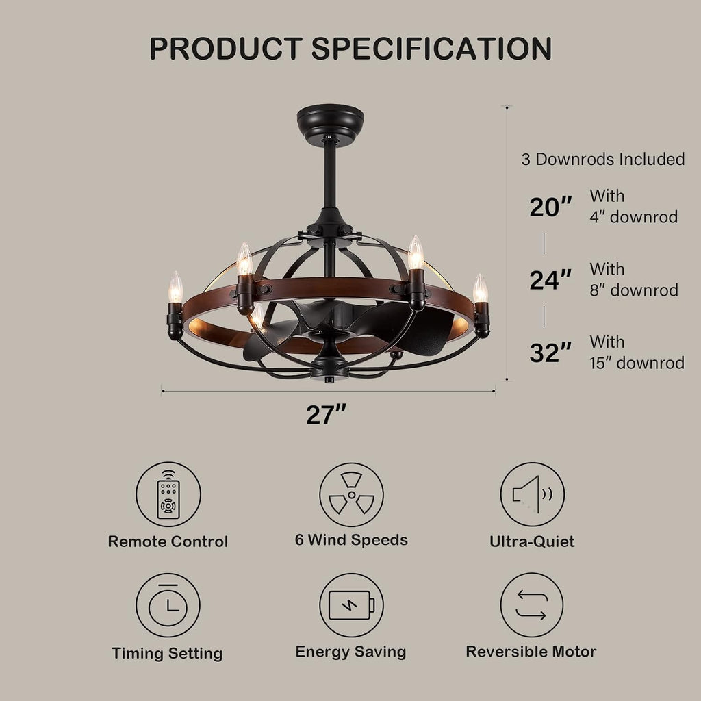27-Inch Brown Walnut Farmhouse Style Chandelier Ceiling Fan with Light and Remote Control, Bladeless Motor for Bedroom, Kitchen, Living Room, Dining Room