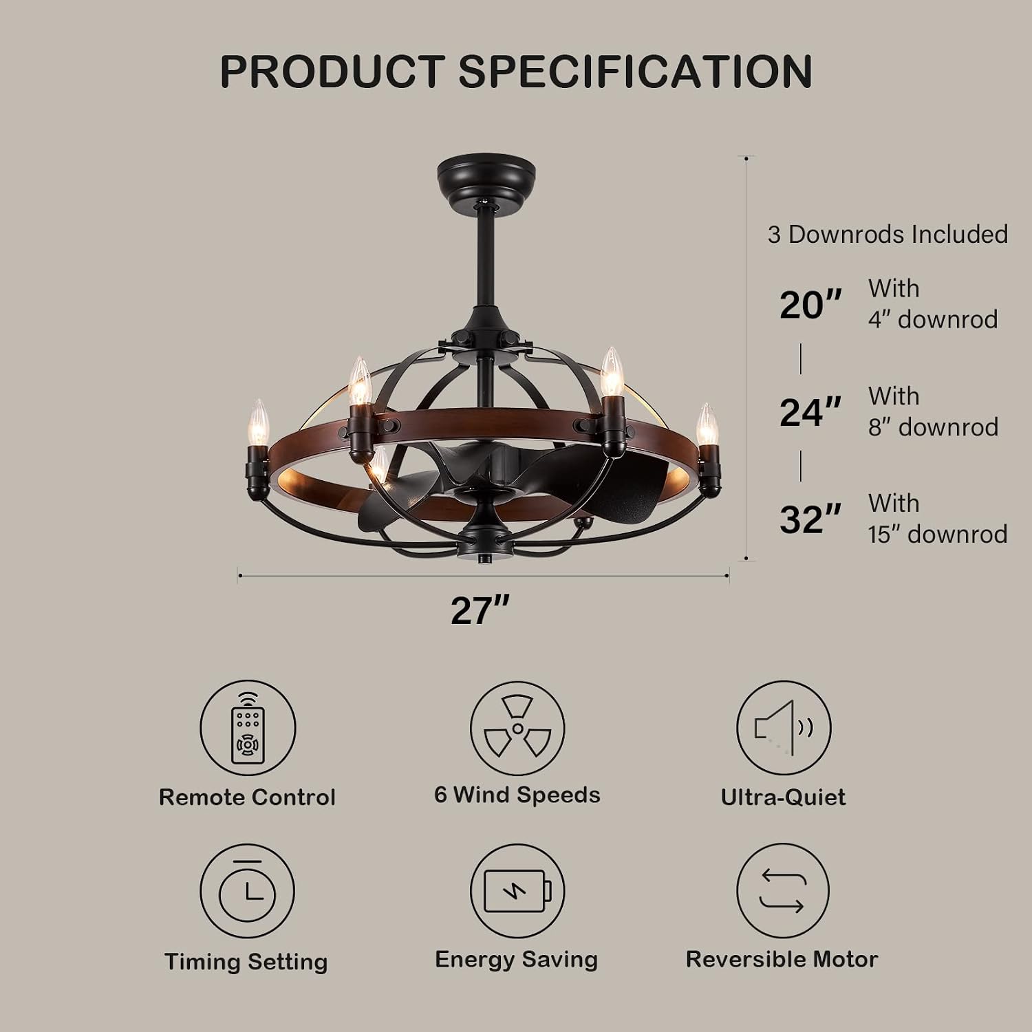 27-Inch Brown Walnut Farmhouse Style Chandelier Ceiling Fan with Light and Remote Control, Bladeless Motor for Bedroom, Kitchen, Living Room, Dining Room