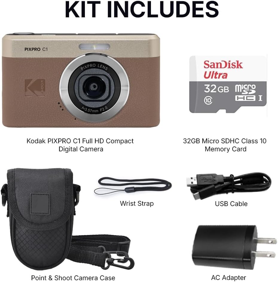 Kodak PIXPRO C1 Digital Camera, 13MP Compact Point & Shoot, 2.8″ 180° Flip LCD Screen, 26mm Wide Angle Lens, 4X Digital Zoom, 1080P Full HD Video, Brown + Camera Case & 32GB Micro SD Card