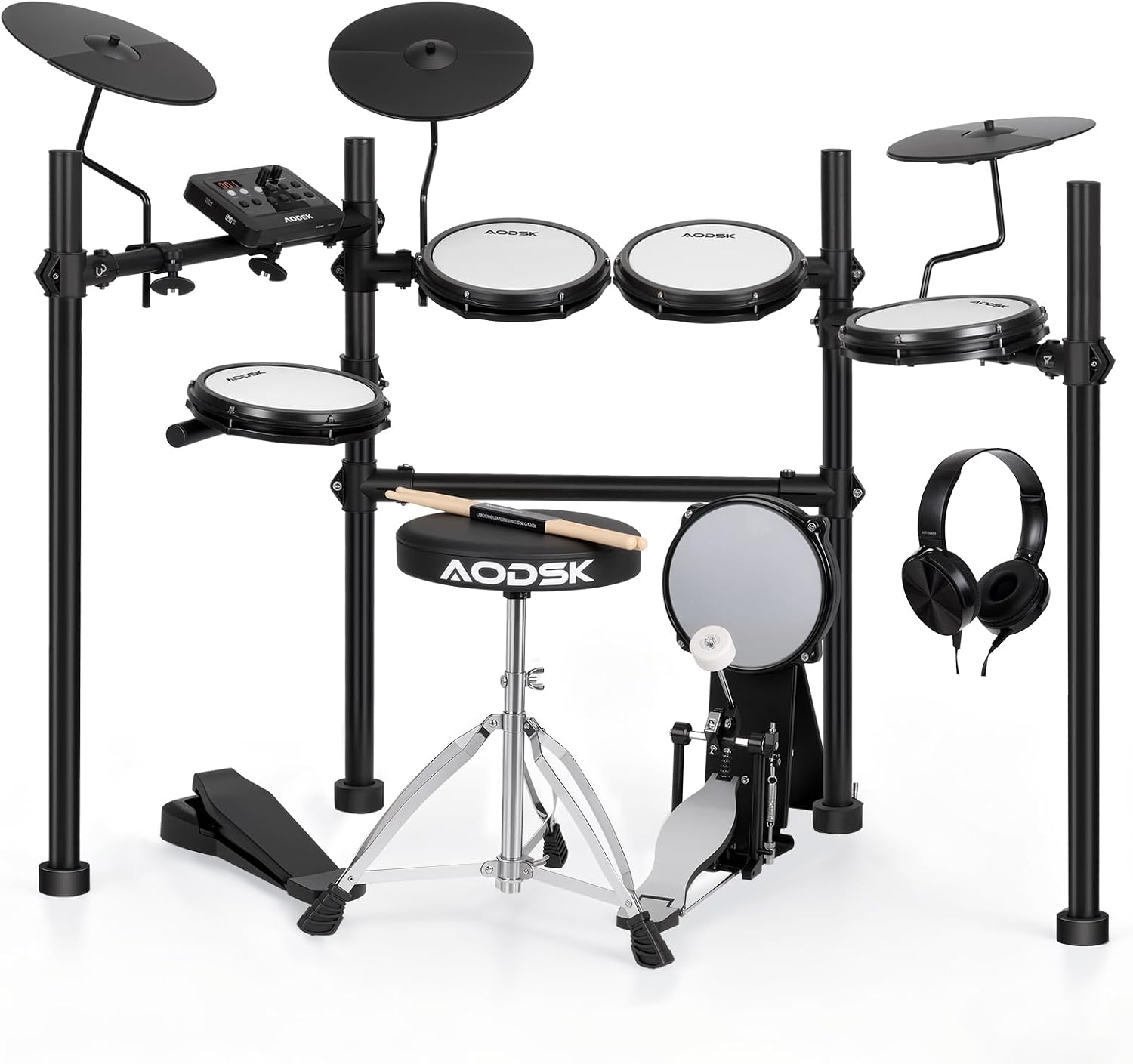 AODSK Electric Drum Set with Quiet Mesh Pads,Electronic Drum for Beginner,USB MIDI,Throne,Headphones,Sticks, Included 40 Kits and 450 Sounds