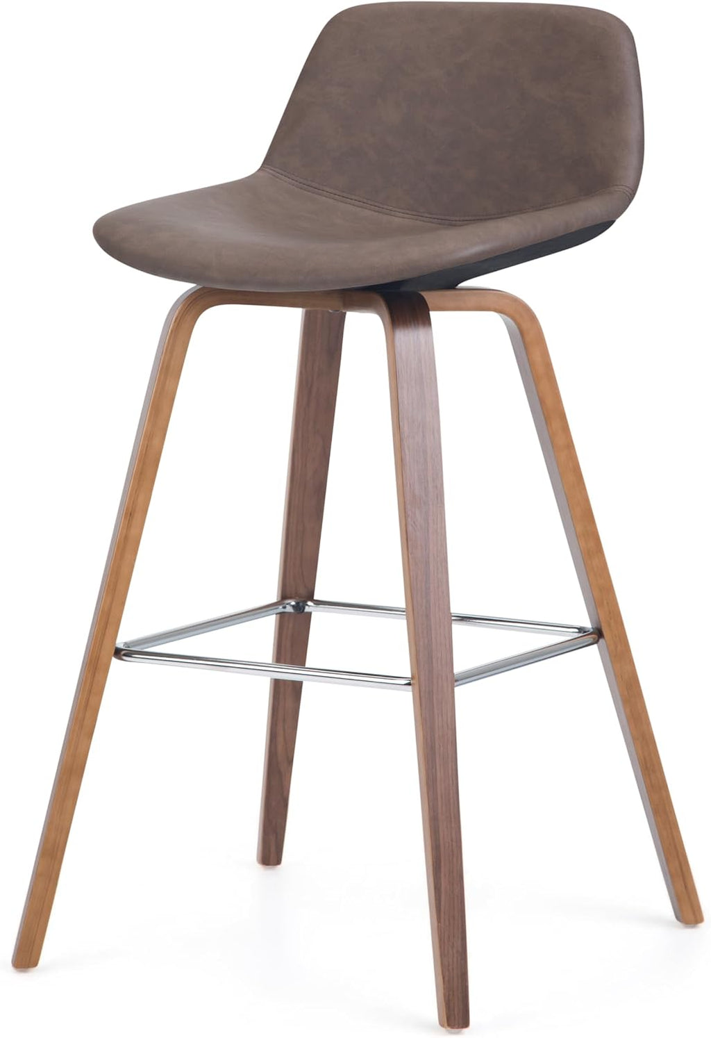 SIMPLIHOME Randolph Counter Stools (Set of 2) - 28 Inch Seat Height Upholstered Bentwood Kitchen Seats in Distressed Chocolate Brown Vegan Faux Leather, Mid Century Modern Seating with Chrome Footrest
