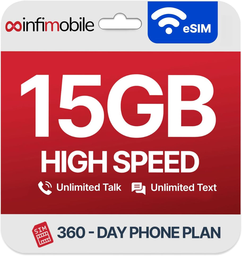 Infimobile Prepaid Unlimited Plan: 12 Months | 15GB High-Speed Data Per Month | Unlimited Data Talk & Text | Prepaid Plan eSIM USA, Quick Activation | Nationwide Coverage | 4G, 5G Network (V-Network)
