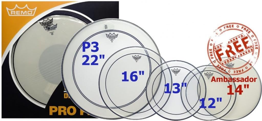 Remo 4-Piece Clear Pinstripe Standard Pro Pack with Free 14 in. Coated Ambassador Snare Drum Head